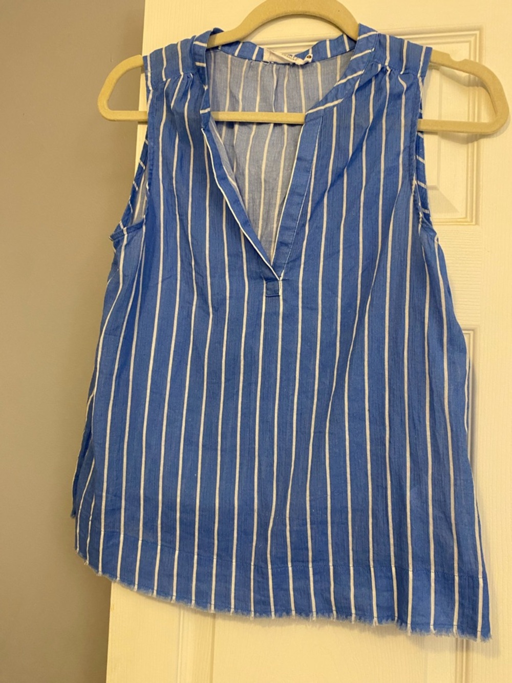 Carve Designs Blue and White Vertical Stripe Sleeveless V-Neck Top